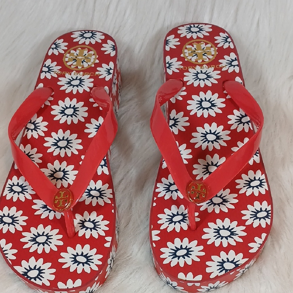 Tory Burch Red and White Floral Sandals